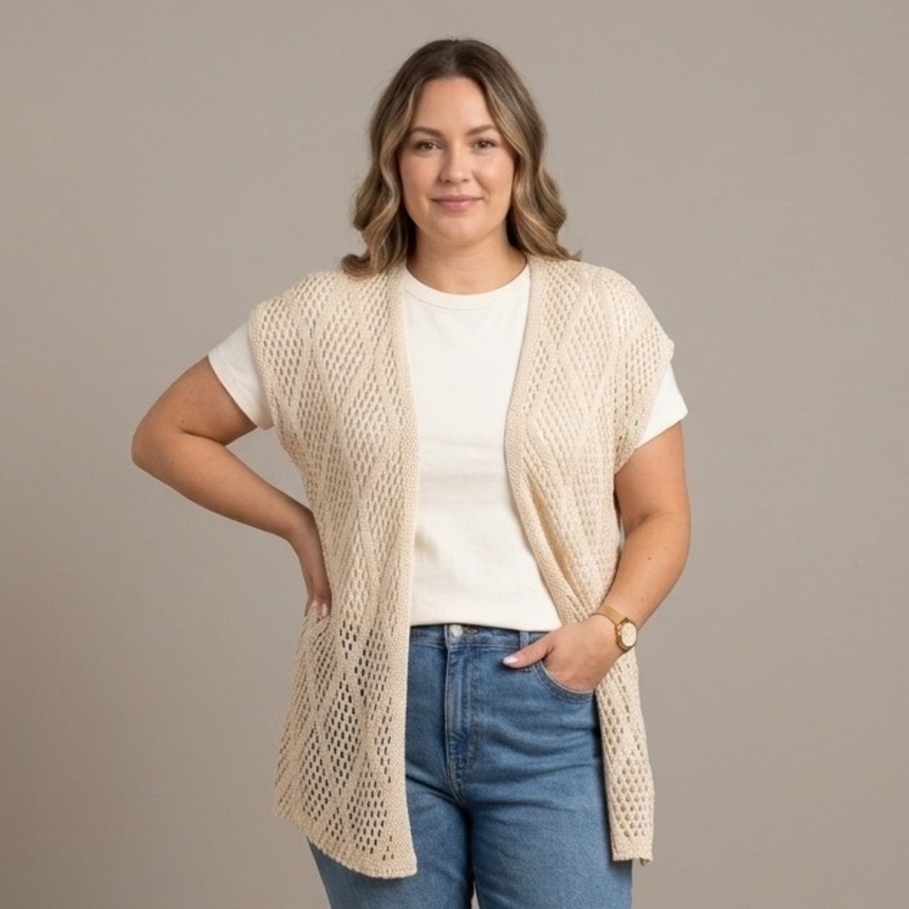 Cream Beige Open Knit Sleeveless Cardigan Vest Pointelle Boho‎ Layering Top